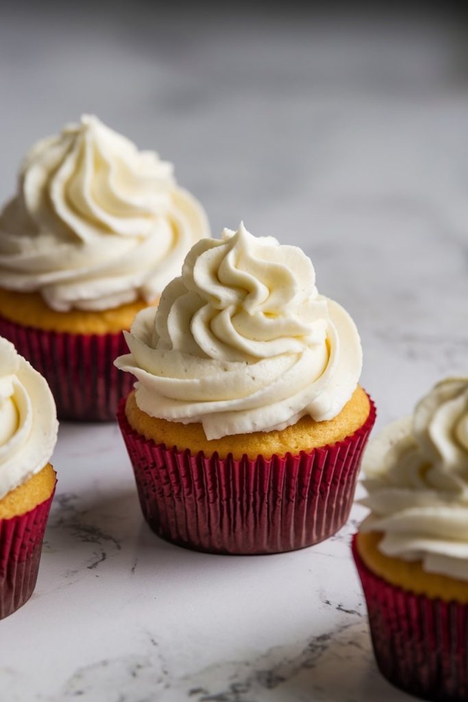 Close-up of a cupcake topped with swirls of creamy white frosting, in a deep red cupcake liner, set against a marble background.