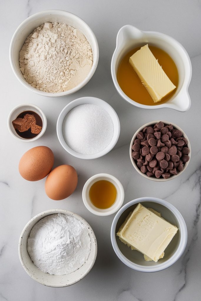 Ingredients for making chocolate cheesecake cookies neatly arranged on a marble countertop, including flour, sugar, cocoa, eggs, and chocolate chips