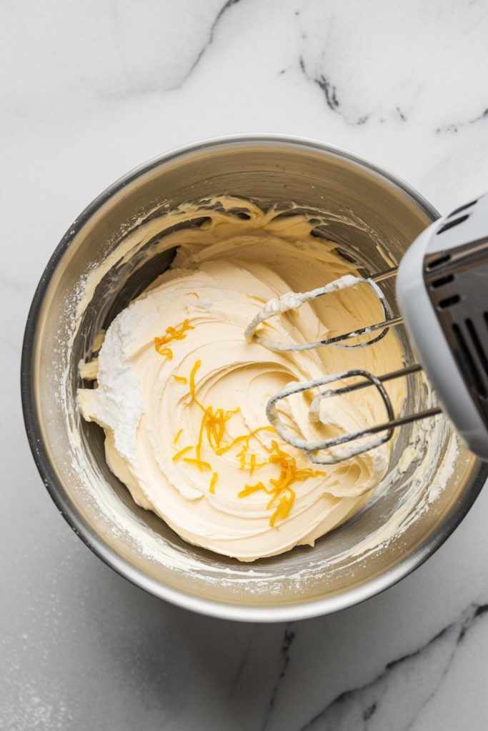 Creamy cheesecake filling being whipped in a mixing bowl with orange zest, ready for making chocolate cheesecake cookies.