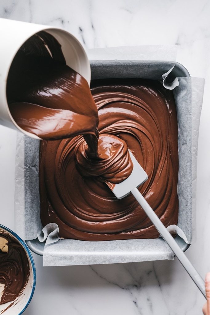 Chocolate batter being poured into a baking tray lined with parchment, prepared for baking chocolate cheesecake cookies.