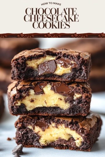Decadent chocolate cheesecake cookies with melting chocolate pieces, creamy cheesecake filling clearly visible in the cut cookies; 'How to Make Chocolate Cheesecake Cookies' heading above.