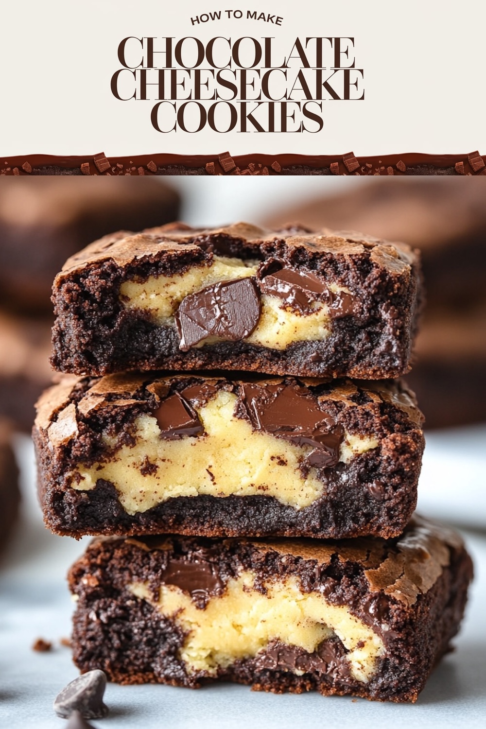 Decadent chocolate cheesecake cookies with melting chocolate pieces, creamy cheesecake filling clearly visible in the cut cookies; 'How to Make Chocolate Cheesecake Cookies' heading above.