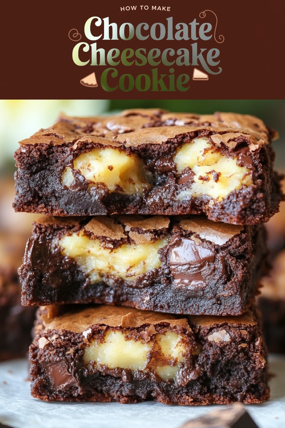 Close-up of a stack of chocolate cheesecake cookies, cut to reveal soft cheesecake and lush chocolate interiors, with the title 'How to Make Chocolate Cheesecake Cookies'.