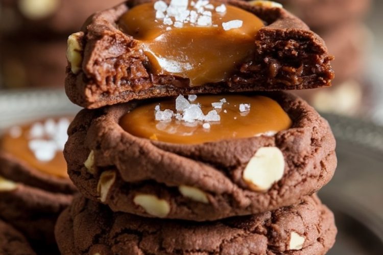 A tall stack of nutty chocolate caramel thumbprint cookies, each topped with gooey caramel and sea salt flakes, set against a vintage backdrop.