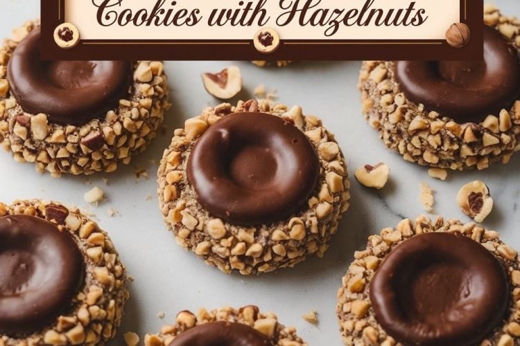 Elegant Chocolate Thumbprint Cookies with Hazelnuts, displayed on a marble surface, each filled with a shiny chocolate ganache.