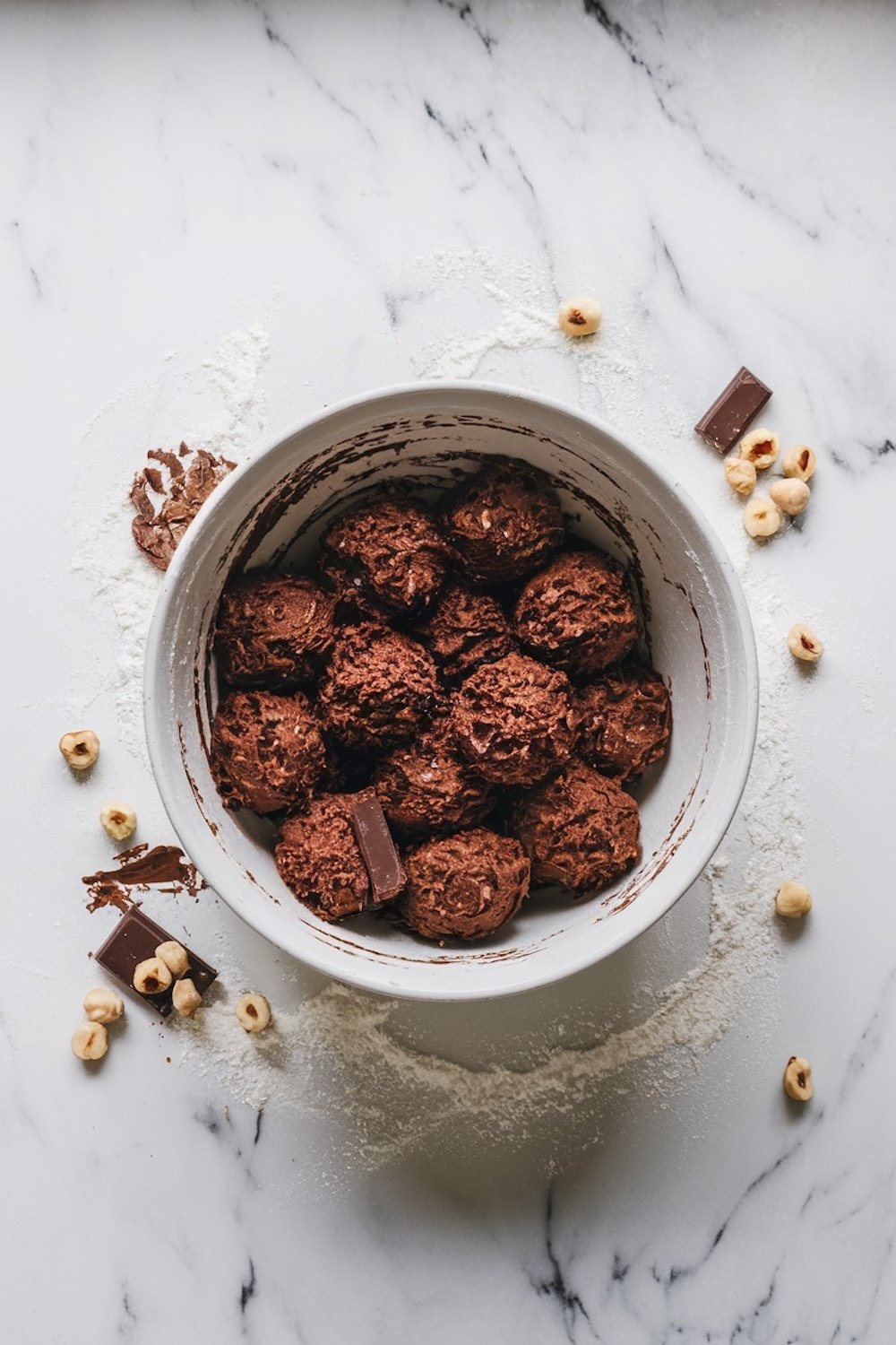 A bowl of chocolate cookie dough next to ingredients including chocolate pieces and hazelnuts, ready for making Chocolate Hazelnut Thumbprint Cookies.