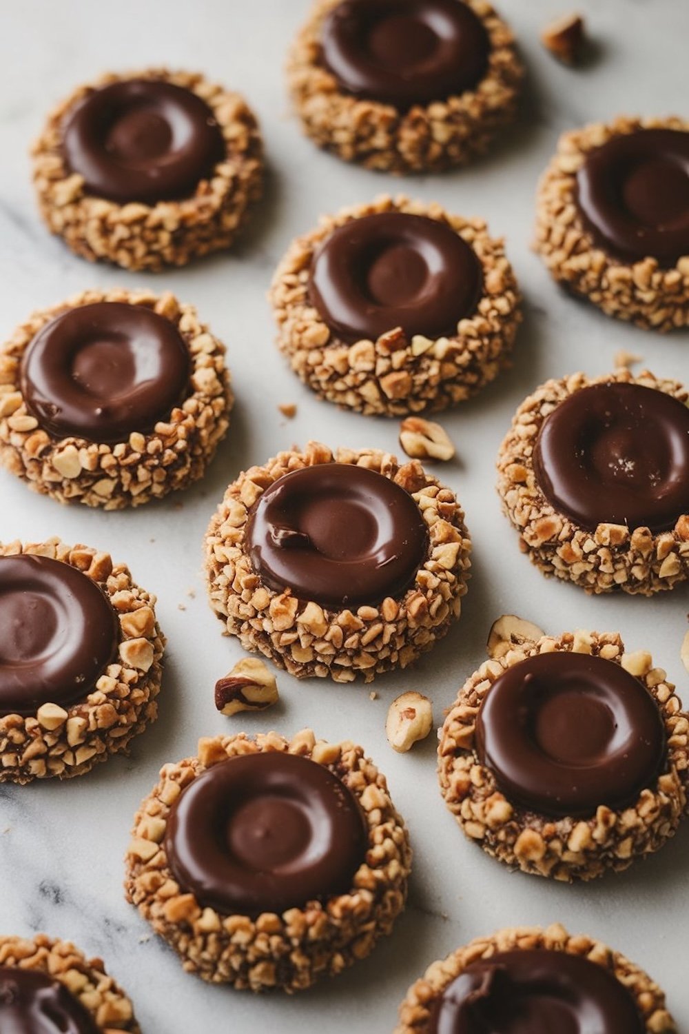 Elegant Chocolate Thumbprint Cookies with Hazelnuts, displayed on a marble surface, each filled with a shiny chocolate ganache.