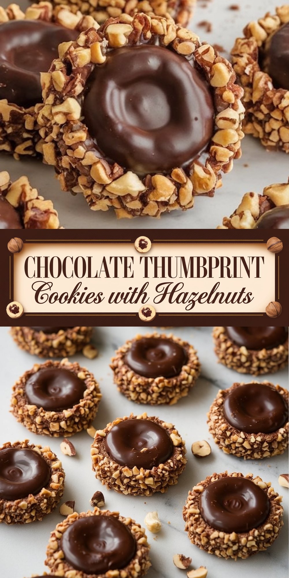Chocolate Thumbprint Cookies encrusted with hazelnuts, each featuring a glossy chocolate center, under the title 'Chocolate Thumbprint Cookies with Hazelnuts'.