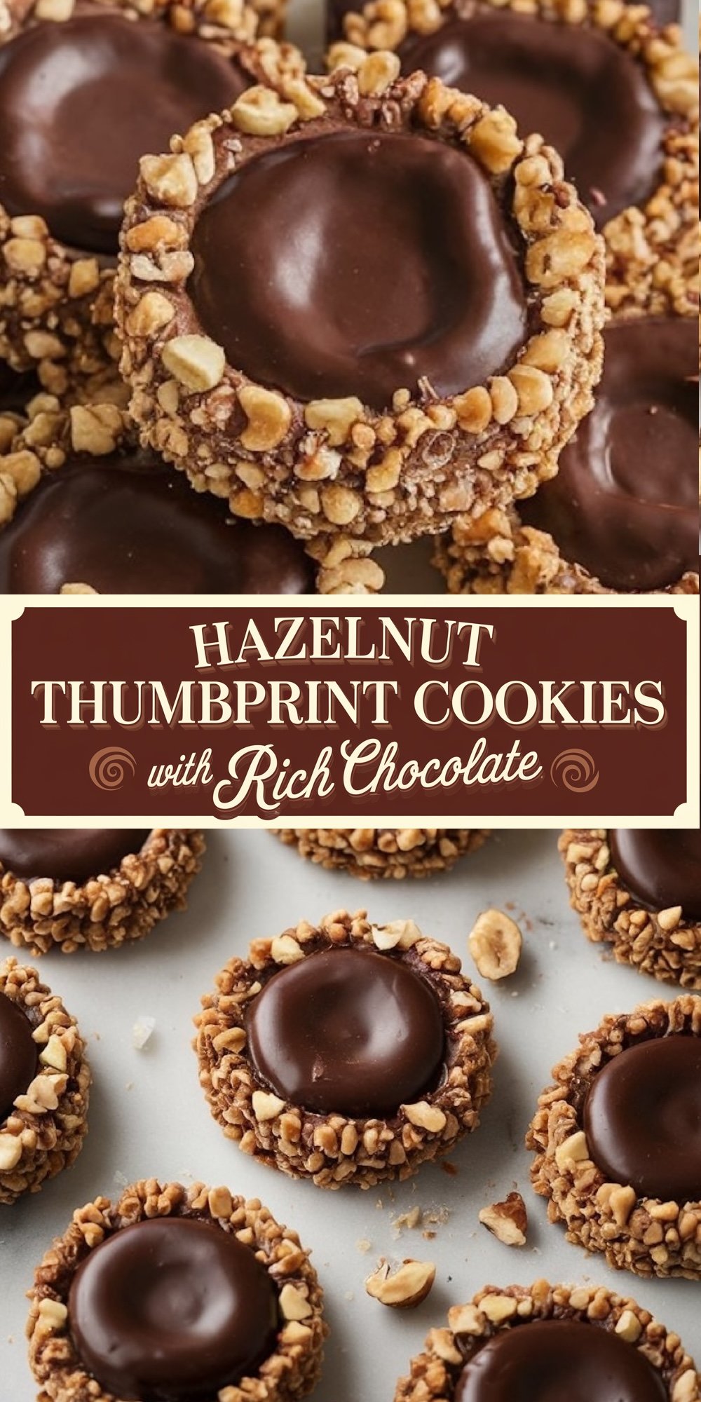 Luxurious Hazelnut Thumbprint Cookies topped with a smooth chocolate center, surrounded by chopped nuts, presented under a decorative title 'Hazelnut Thumbprint Cookies with Rich Chocolate'.