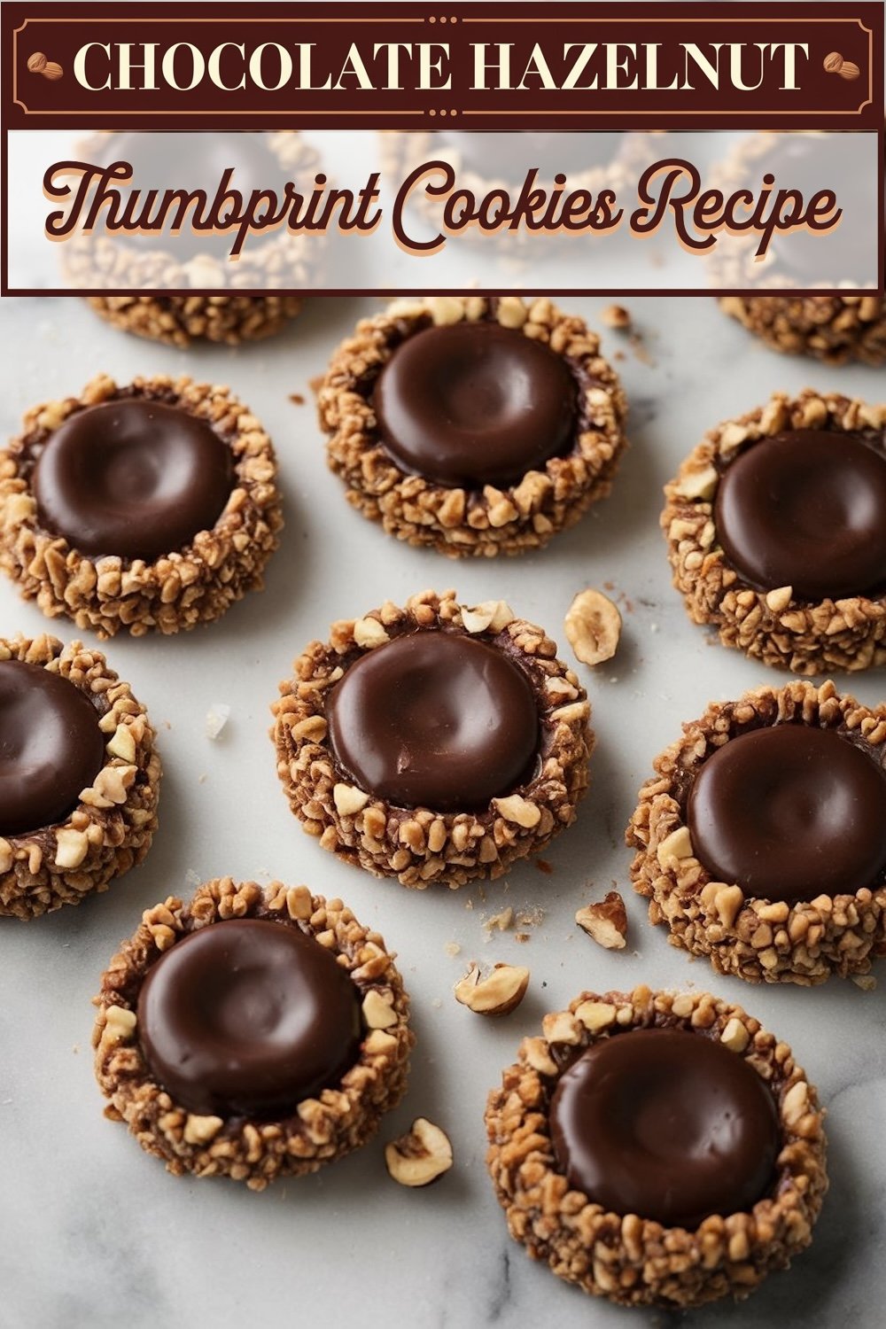 An arrangement of Chocolate Hazelnut Thumbprint Cookies, each with a rich chocolate center, showcased under the label 'Chocolate Hazelnut Thumbprint Cookies Recipe'.