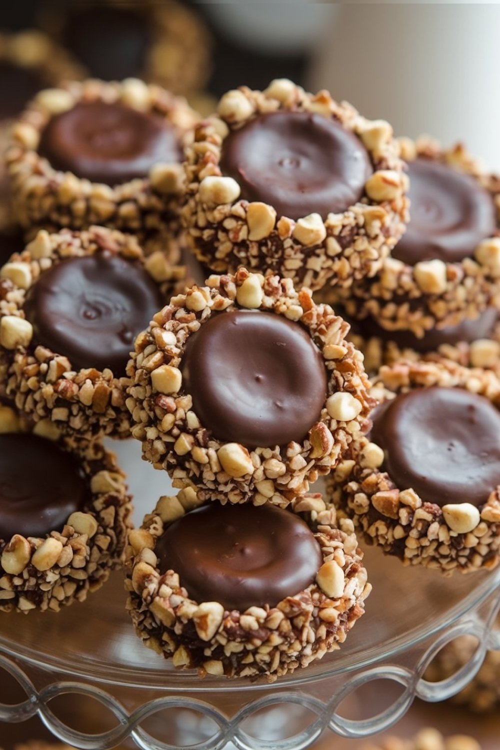 A stack of Hazelnut Thumbprint Cookies with glossy chocolate centers, elegantly arranged on a glass cake stand, illustrating the texture and richness of the cookies.