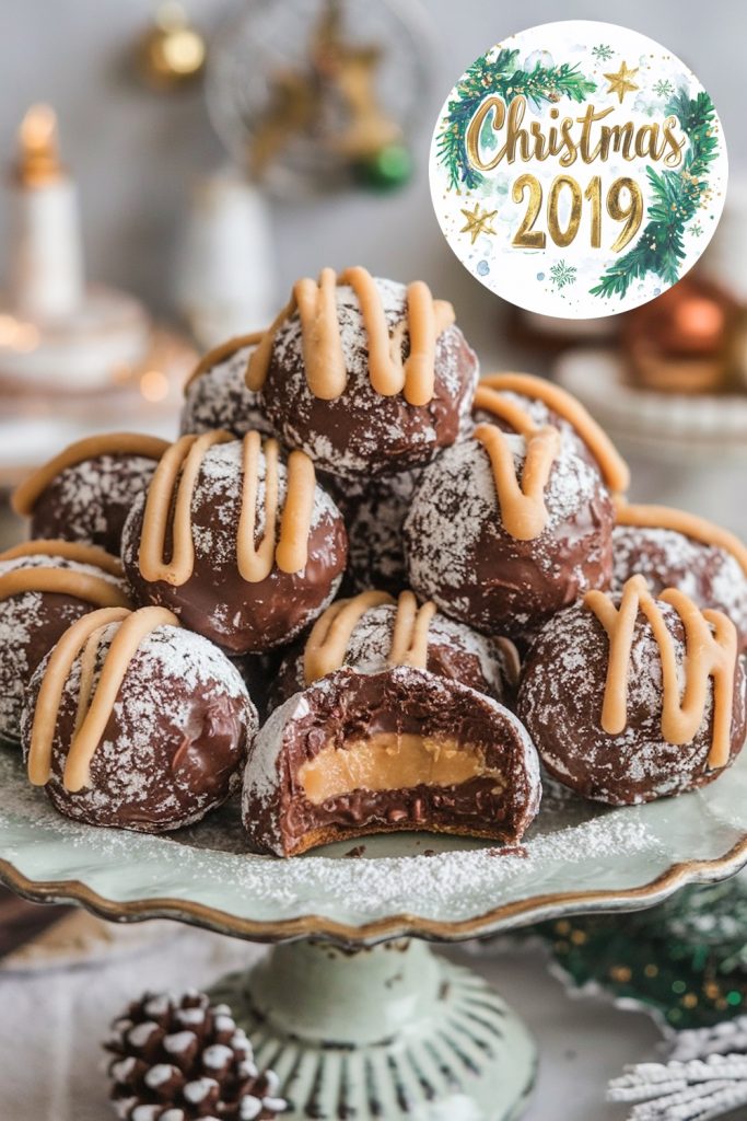 A stack of chocolate peanut butter snowballs dusted with powdered sugar, topped with caramel drizzle. One snowball is partially bitten, revealing a creamy peanut butter center. Christmas decorations and a festive "Christmas 2019" sign are visible in the background.