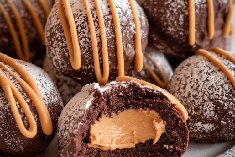 Peanut Butter Chocolate Snowballs dusted with powdered sugar and drizzled with peanut butter, with one snowball cut open to reveal a creamy peanut butter filling, presented under a festive caption.