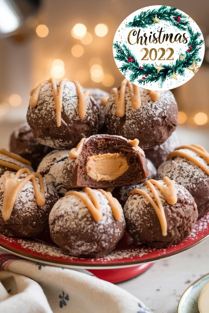 A batch of chocolate peanut butter snowballs topped with powdered sugar and caramel drizzle, arranged on a red cake stand. One snowball has been bitten into, showing a smooth peanut butter center. A "Christmas 2022" sign and Christmas lights twinkle softly in the background.