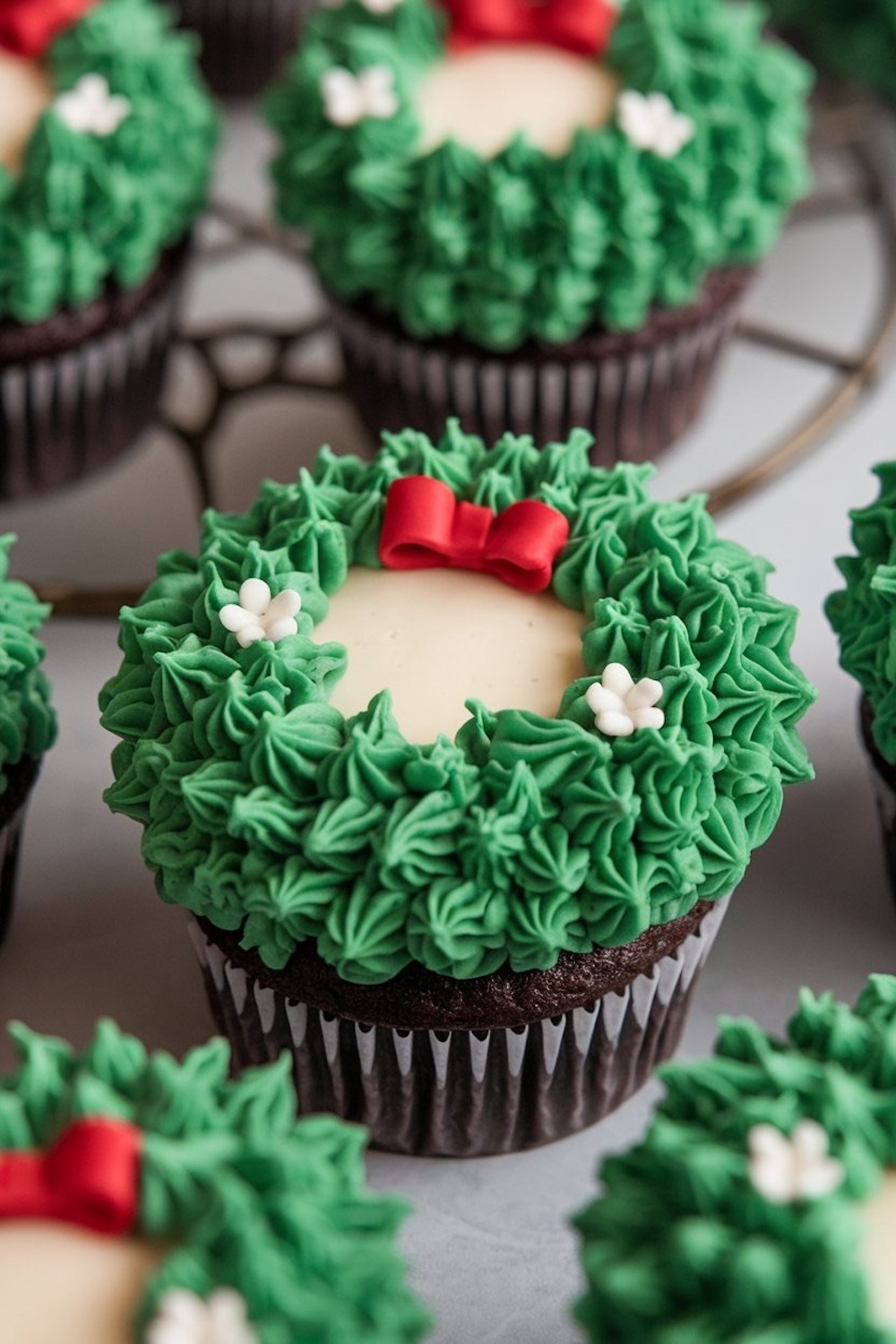 Close-up of a chocolate wreath cupcake topped with green frosting and a red fondant bow, surrounded by white sugar pearls.