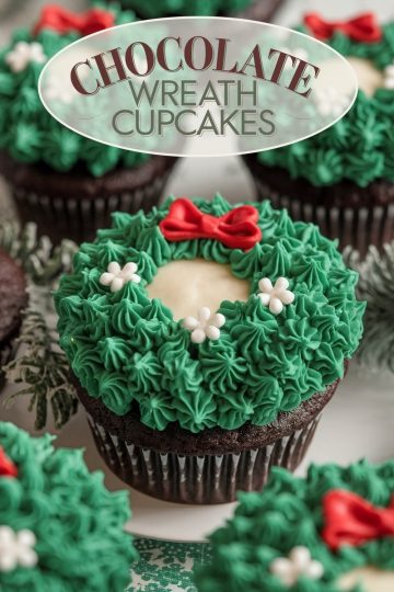 An array of chocolate wreath cupcakes, each topped with a creamy white circle center, green frosting, and red bow, set on a white plate.
