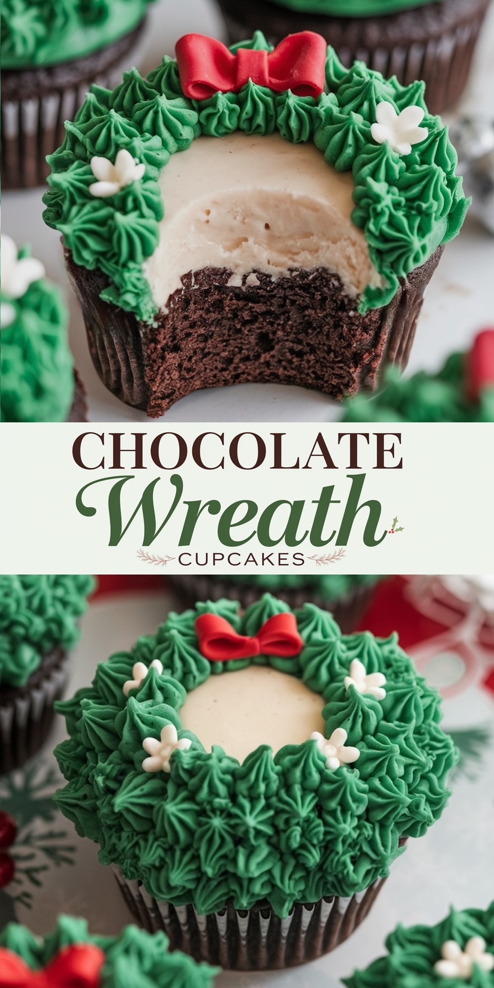 Chocolate wreath cupcakes arranged on a plate, each decorated with vibrant green frosting, a red bow, and white pearls, set against a festive backdrop