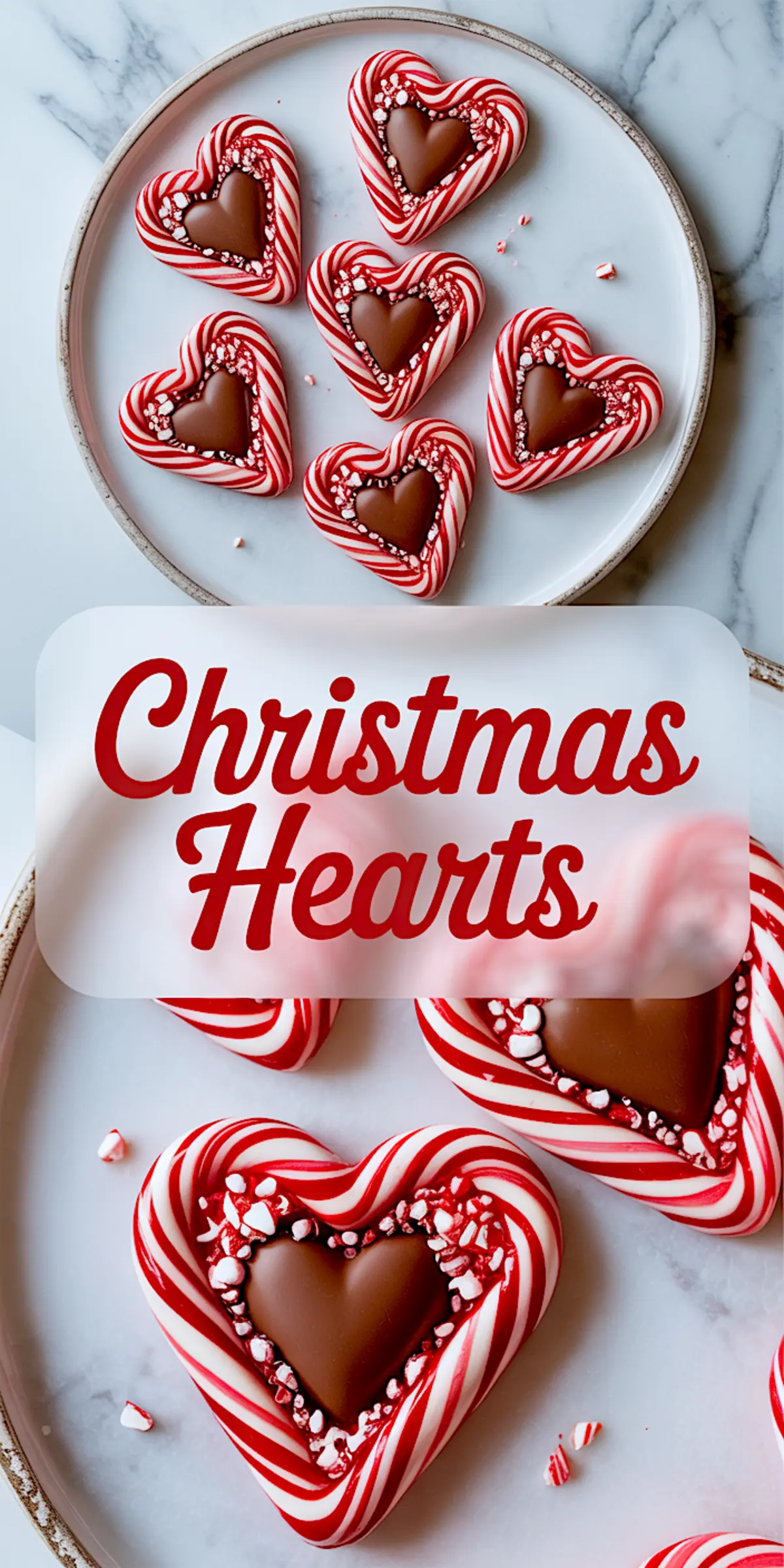 Heart-shaped Christmas candies made with red and white peppermint stripes, filled with smooth chocolate centers and edged with crushed peppermint pieces, arranged on a white marble plate.