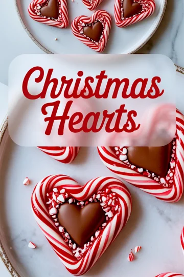 Festive heart-shaped peppermint candies with red and white swirls, featuring chocolate centers and a border of crushed candy cane, displayed on a ceramic plate with holiday-themed text overlay.