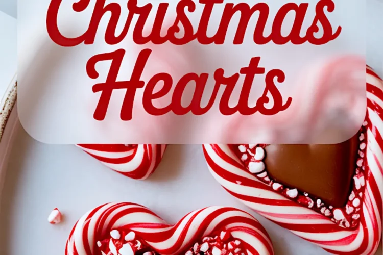 Festive heart-shaped peppermint candies with red and white swirls, featuring chocolate centers and a border of crushed candy cane, displayed on a ceramic plate with holiday-themed text overlay.
