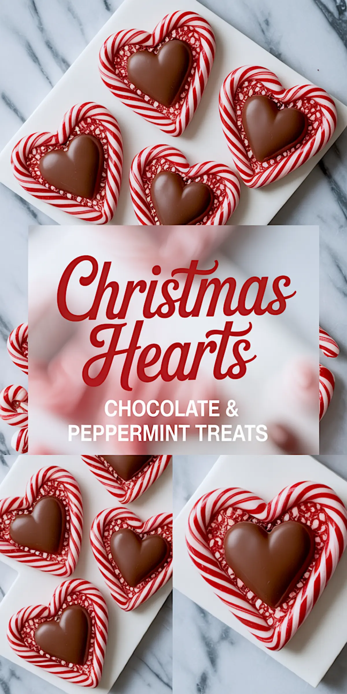 Christmas heart treats made from striped peppermint candy canes shaped into hearts, filled with chocolate centers and sprinkled with crushed peppermint, displayed on a white tray over a marble surface with festive text overlay.