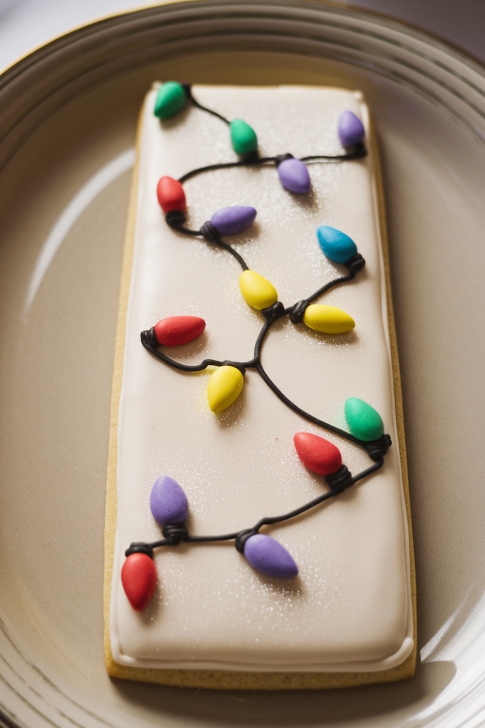Rectangular sugar cookie decorated with festive Christmas lights. The cookie features a smooth white icing base with piped black lines resembling string lights, adorned with colorful bulb-shaped decorations in red, green, yellow, blue, and purple. This whimsical design captures the holiday spirit, making it a fun and creative addition to Christmas cookie platters.