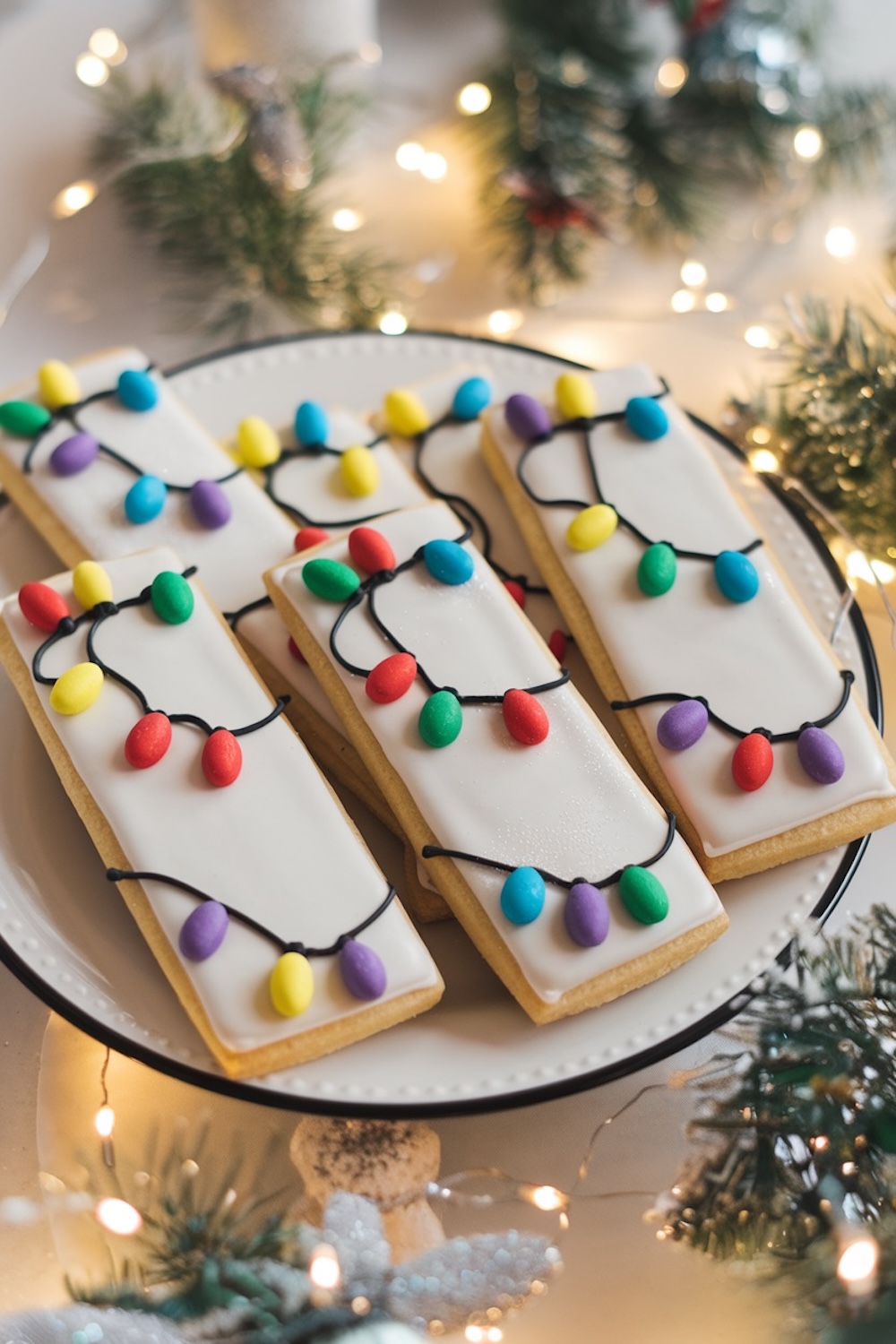 A plate of Christmas lights-themed sugar cookies with white icing and bright, colorful decorations. Each rectangular cookie has a black "string" of holiday lights in various colors, set against a cozy, festive backdrop with twinkling lights and greenery. Ideal for holiday dessert inspiration or seasonal cookie decorating ideas.
