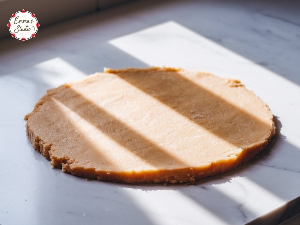 A sheet of freshly rolled sugar cookie dough on a sunlit marble surface, ready for cutting. This smooth, golden dough is perfect for creating holiday cookies, capturing the start of a festive baking process.