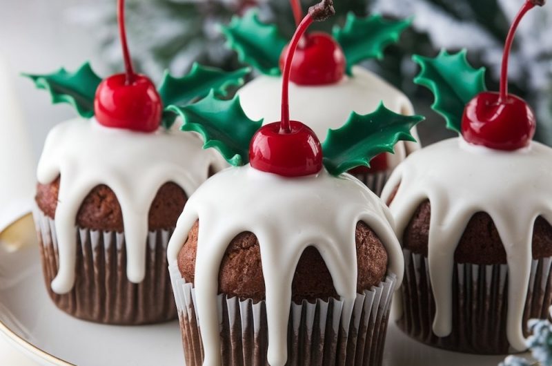Festive Christmas Pudding Cupcakes with Vanilla Glaze