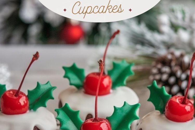 Festive Christmas pudding cupcakes, topped with a smooth white glaze that drips down the sides, adorned with a bright red cherry and green holly leaf decorations. The background features a cozy holiday scene with frosted decorations, enhancing the seasonal theme.