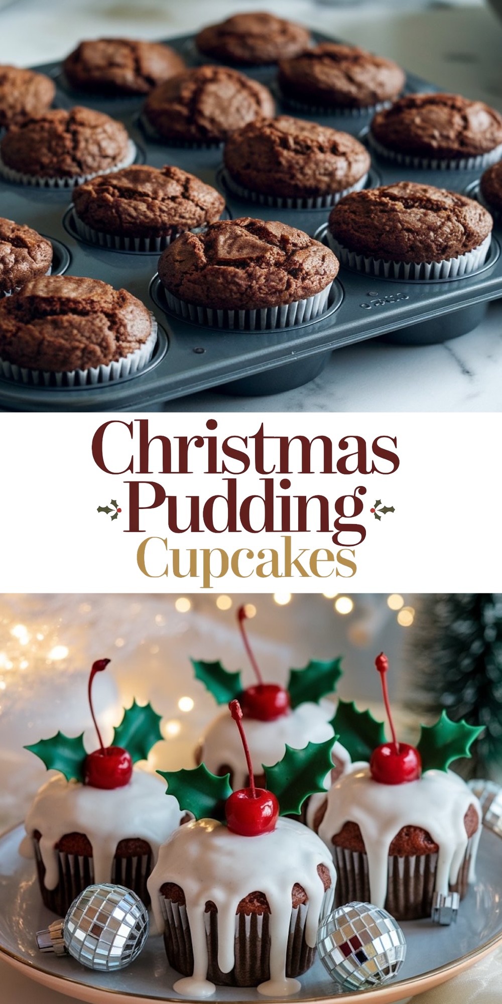 A split image with a tray of undecorated chocolate cupcakes above, and festive Christmas pudding cupcakes below. The decorated cupcakes are topped with red cherries, holly leaves, and dripping white glaze, showcasing a transformation from plain to holiday-themed.