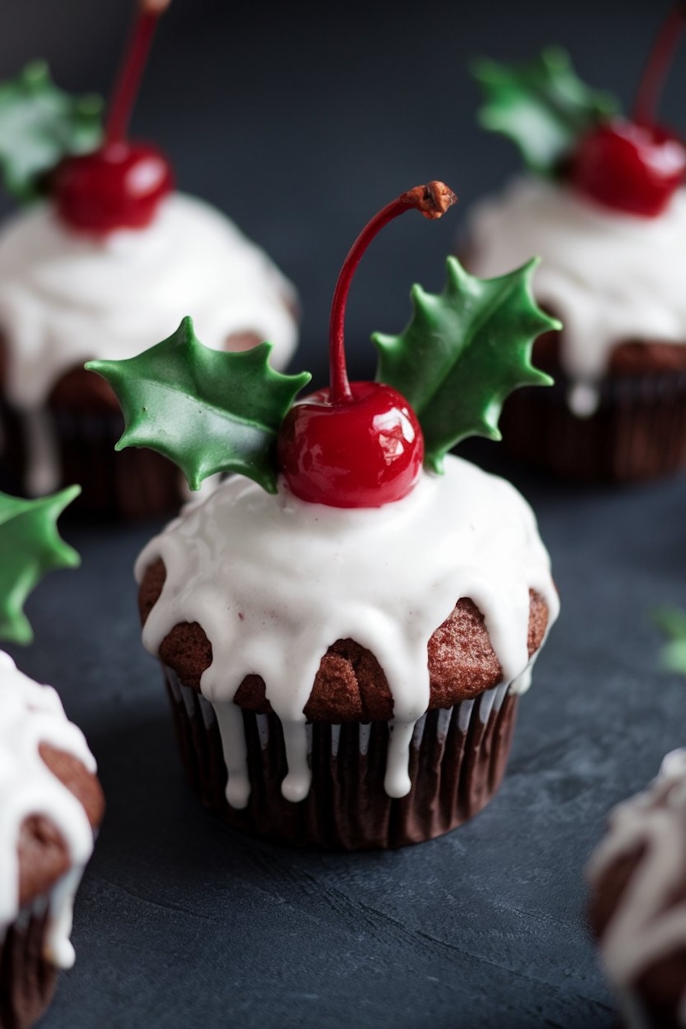 A close-up of a Christmas pudding cupcake with a shiny red cherry and green holly leaves on top of a thick white glaze. The rich chocolate cupcake contrasts with the festive toppings, creating a perfect holiday dessert treat.