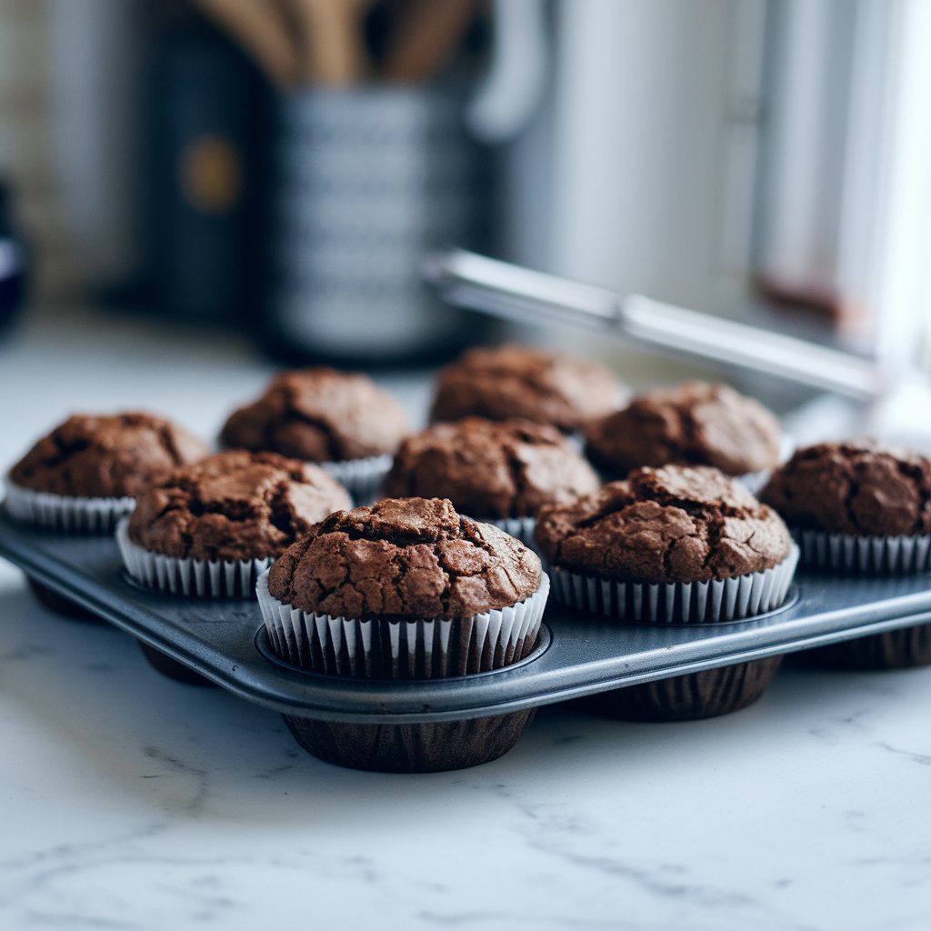 A tray of freshly baked chocolate cupcakes cooling on a marble countertop. The cupcakes have a rich, cracked top, ready for decorating or enjoying as is, offering a warm, homemade feel in a kitchen setting.