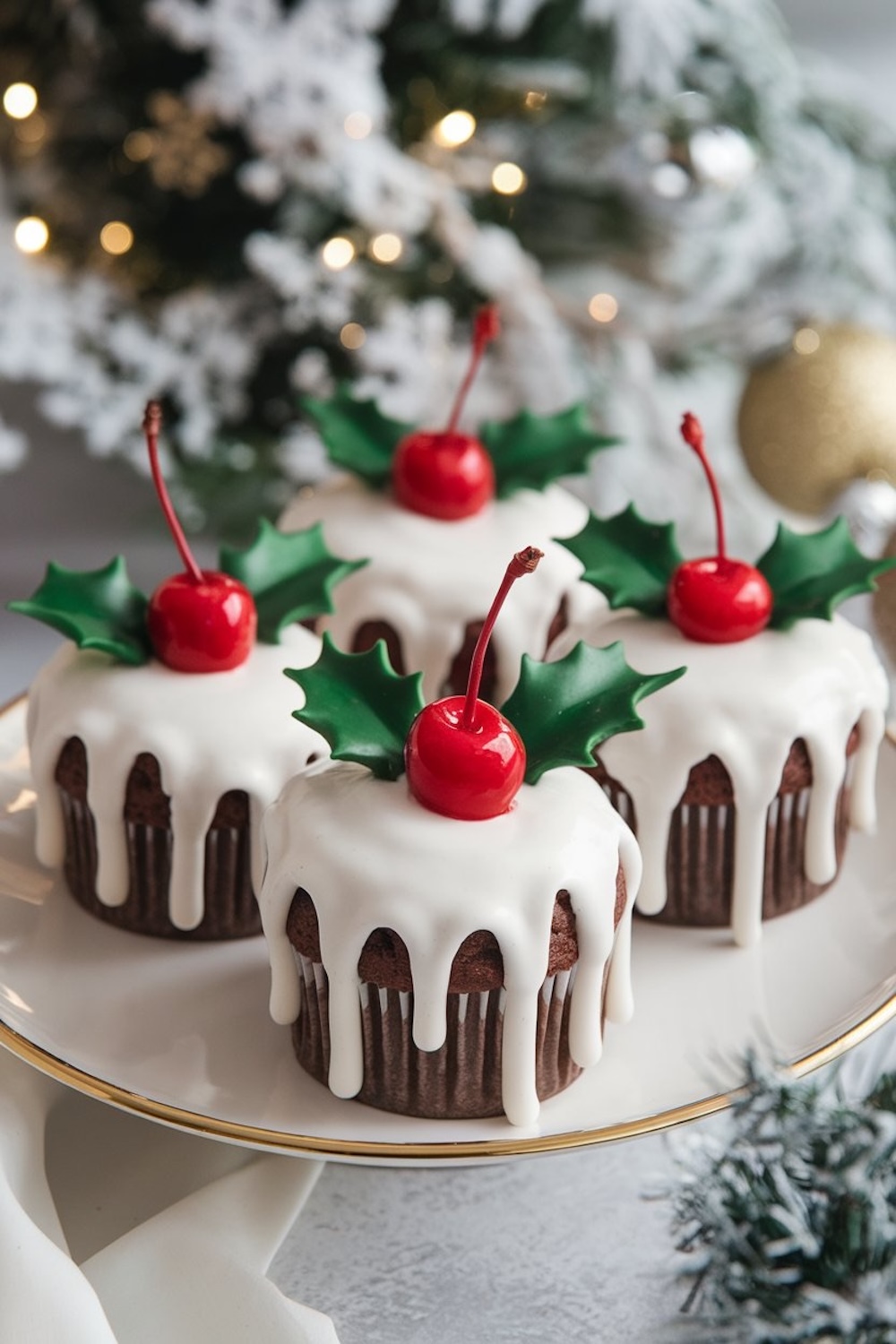 Four beautifully decorated Christmas pudding cupcakes on a plate, surrounded by frosted pine branches and holiday lights. Each cupcake is topped with glossy red cherries and green holly leaves, with the white glaze cascading down the sides, evoking a cozy, festive atmosphere.