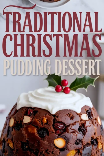 Vertical collage featuring a rich, dark English Christmas pudding with white cream and festive holly garnish, paired with text that says “Traditional Christmas Pudding Dessert.” Great for Figgy Pudding and British Christmas Pudding content.