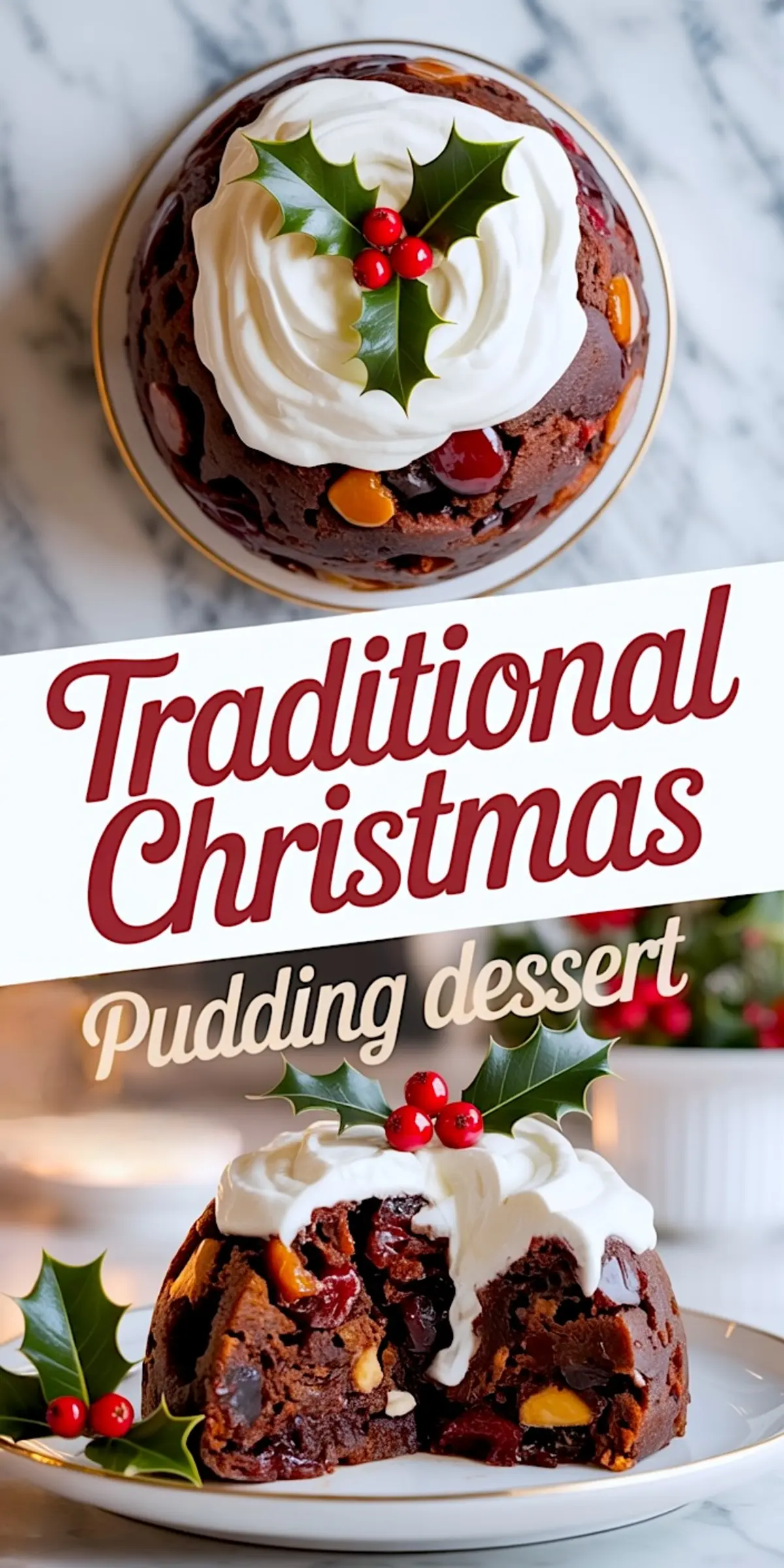 Vertical collage of a cut-open British Christmas pudding with visible cherries, dried fruits, and almonds, topped with whipped cream and holly. Text overlay says “Traditional Christmas Pudding Dessert.” Suited for Christmas Desserts Ideas and English Christmas Pudding content.