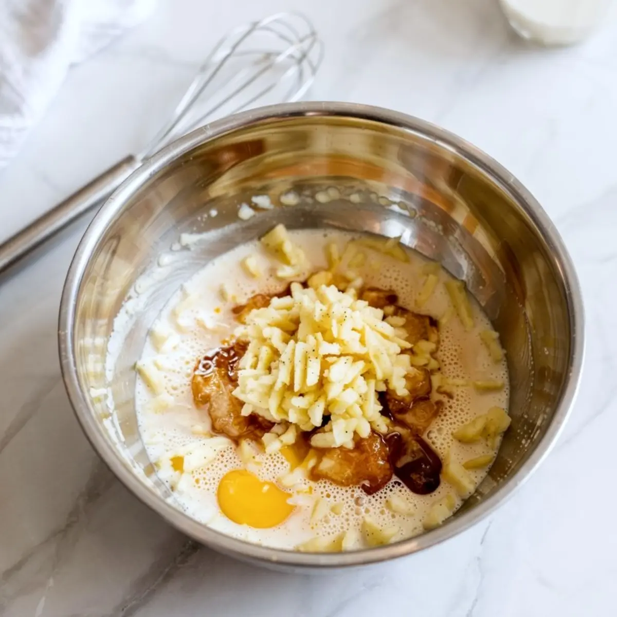 Stainless steel mixing bowl with shredded apples, egg yolk, milk, and vanilla extract on a white countertop, prepared for a traditional holiday dessert recipe.
