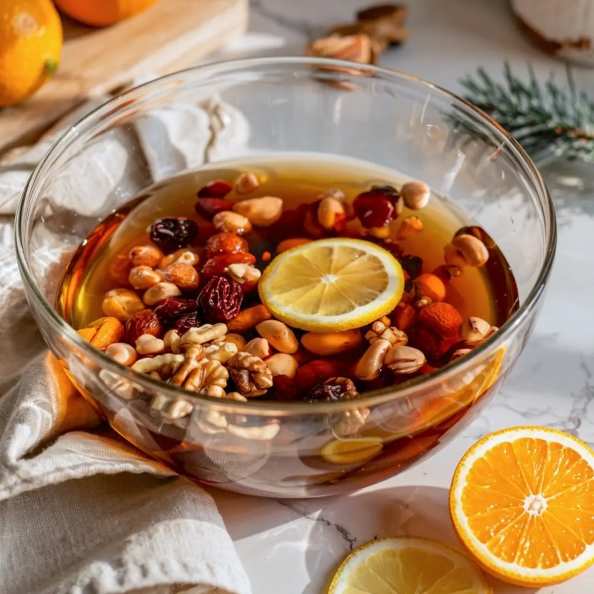 Glass bowl filled with dried fruits and mixed nuts soaking in liquid with a slice of lemon on top, surrounded by fresh orange and lemon slices on a white countertop.
