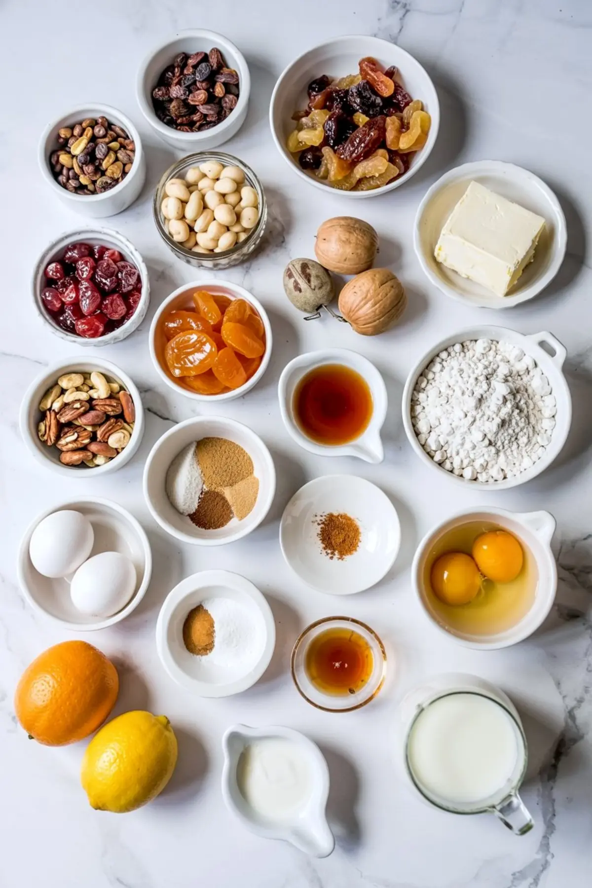 Flat lay of assorted Christmas pudding ingredients on a marble surface, including dried fruits, mixed nuts, eggs, butter, flour, spices, orange, lemon, vanilla extract, milk, and yogurt.