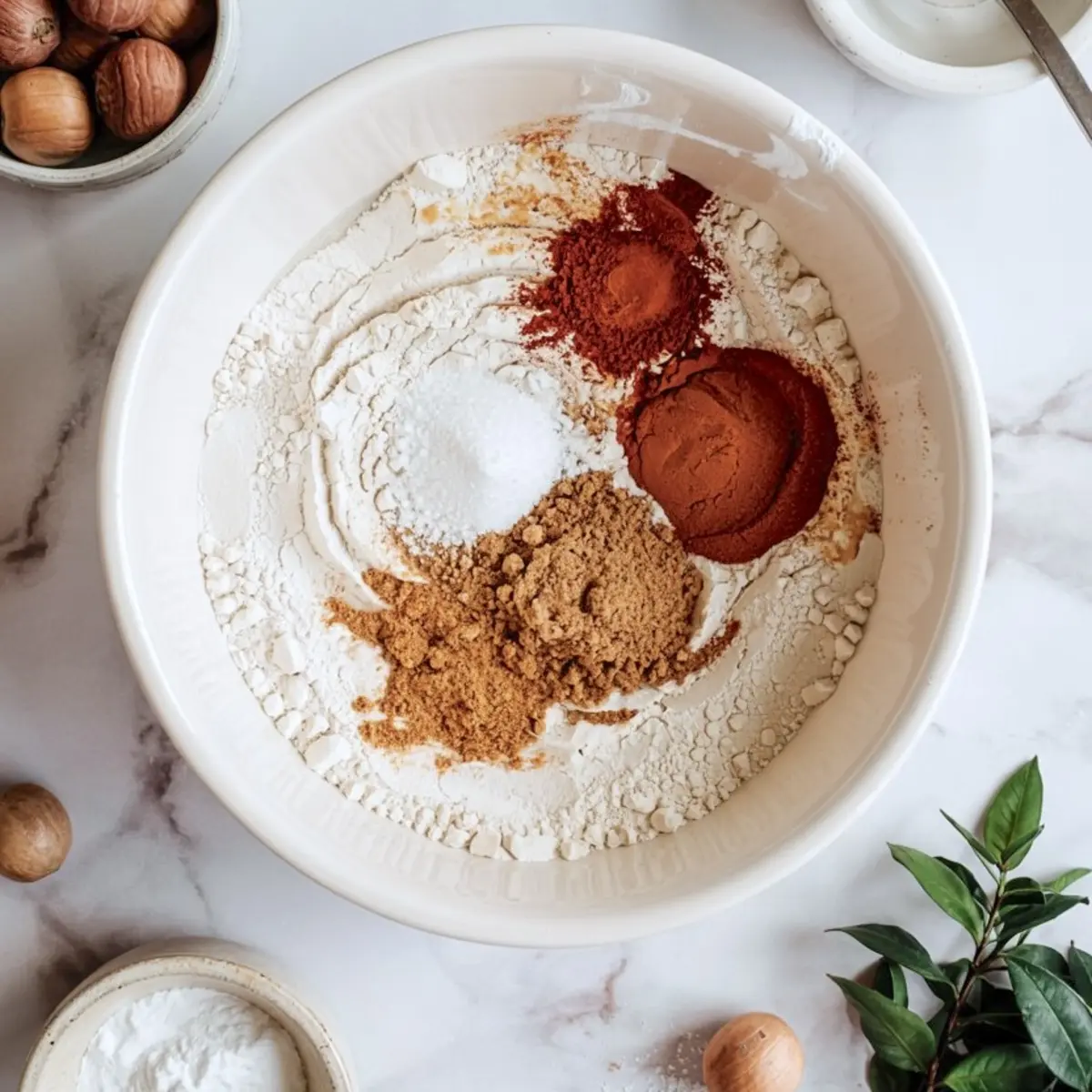 White ceramic bowl with flour, ground ginger, cinnamon, cloves, and salt neatly arranged, surrounded by whole hazelnuts and baking ingredients.