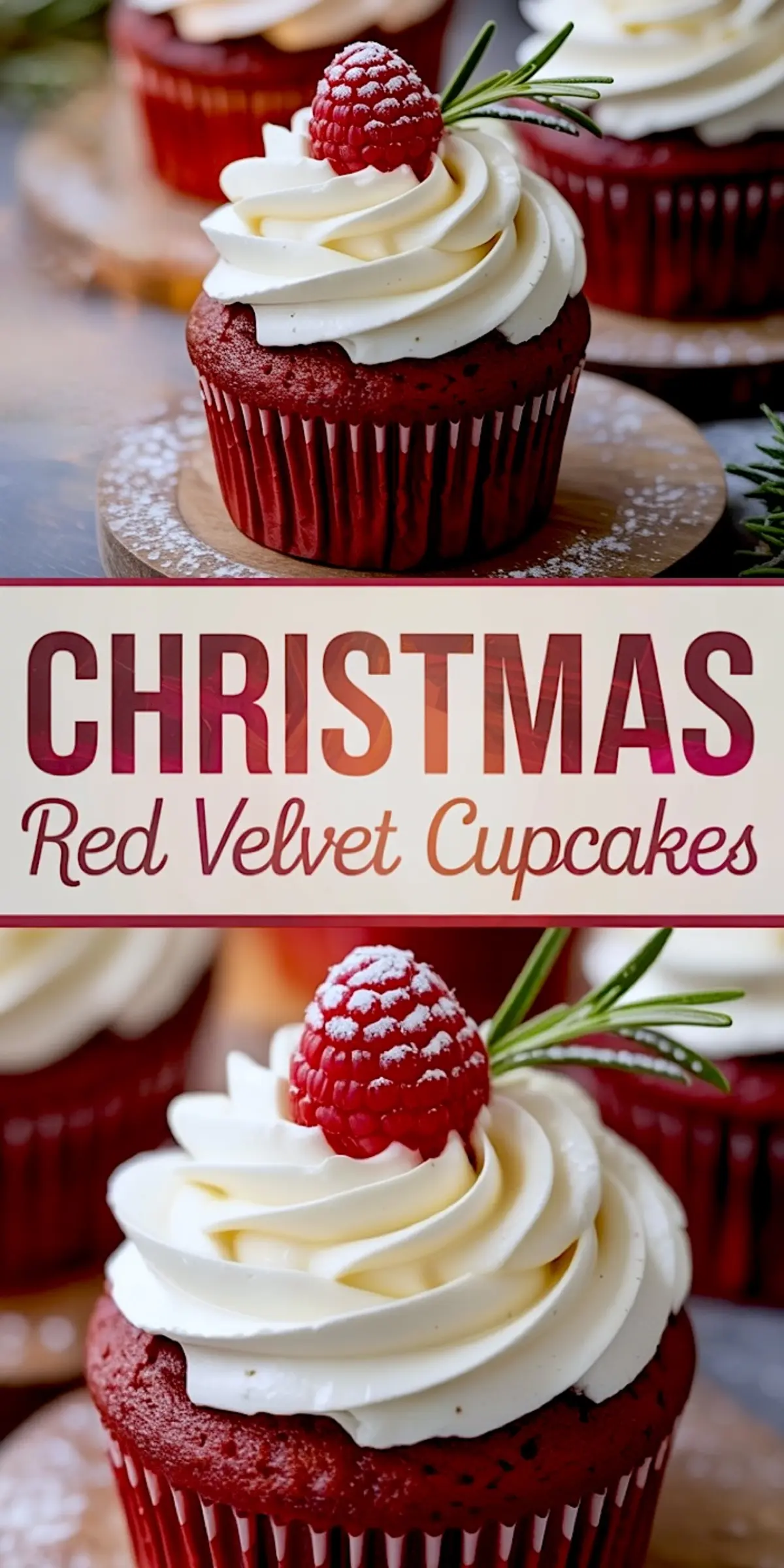 Red velvet cupcakes topped with creamy white frosting, each garnished with a fresh raspberry dusted with powdered sugar and a sprig of rosemary, arranged on wooden discs with a festive holiday backdrop.