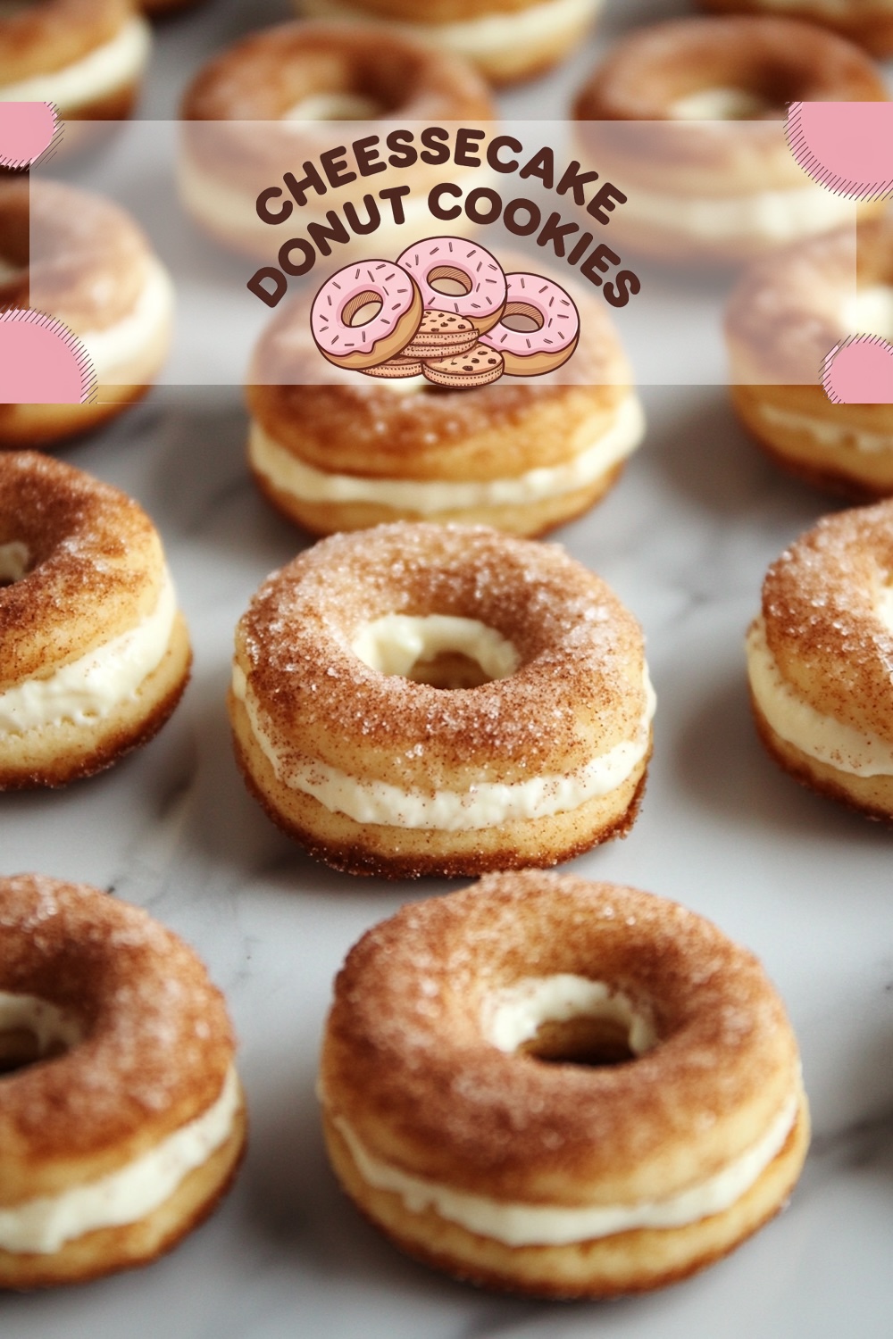 A batch of cinnamon cheesecake donuts neatly arranged, showcasing their golden texture and creamy filling in the middle.
