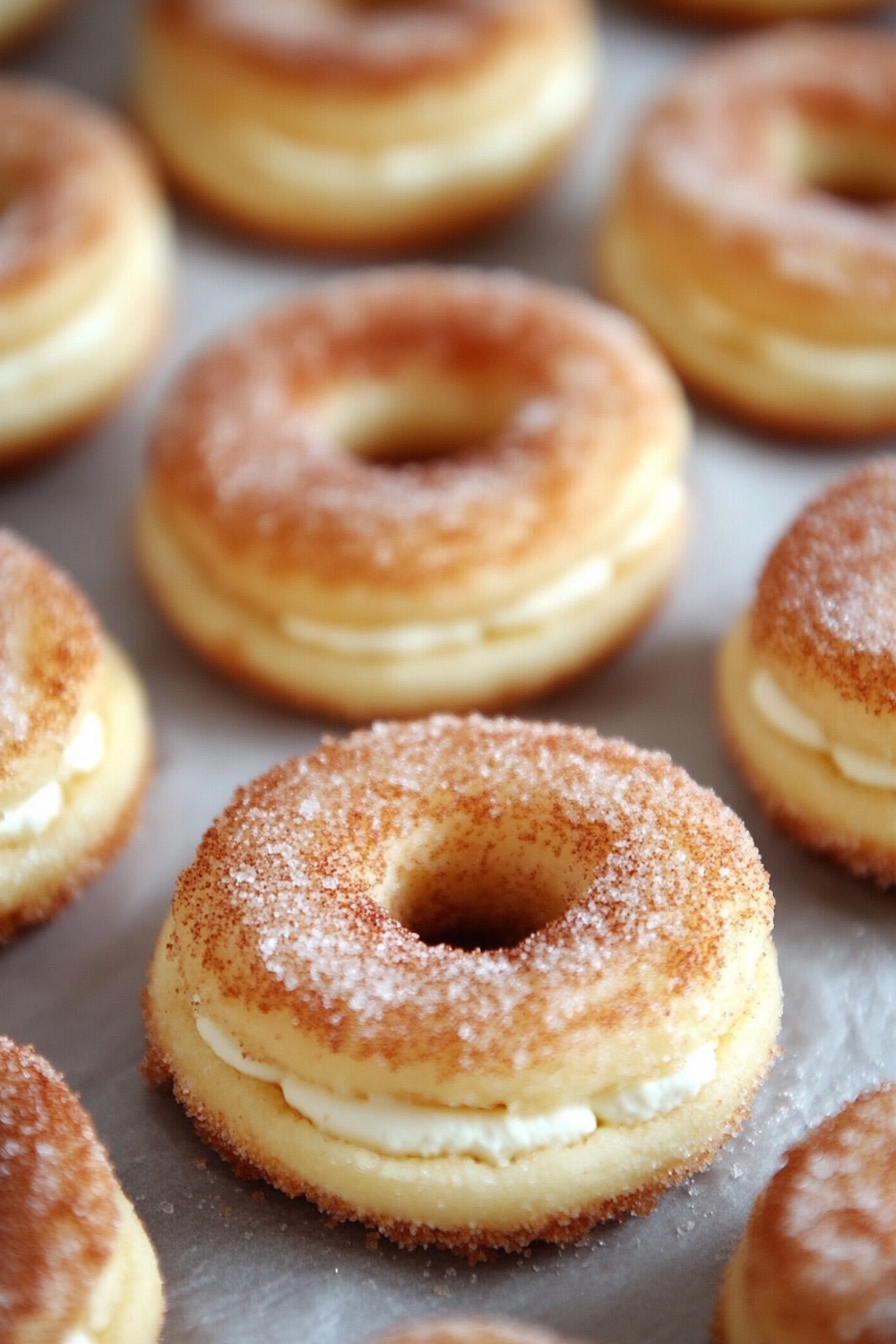 Multiple cinnamon cheesecake donuts with a sugar and cinnamon coating, filled with cheesecake, on a white baking sheet.