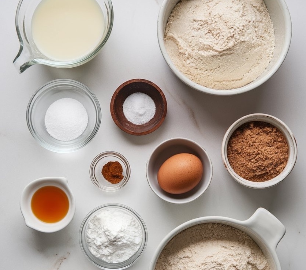 A neatly arranged selection of ingredients for homemade cinnamon rolls, including flour, milk, sugar, butter, an egg, cinnamon, and vanilla extract. Displayed on a marble countertop, this setup captures all the essential ingredients needed to create soft, spiced cinnamon rolls.