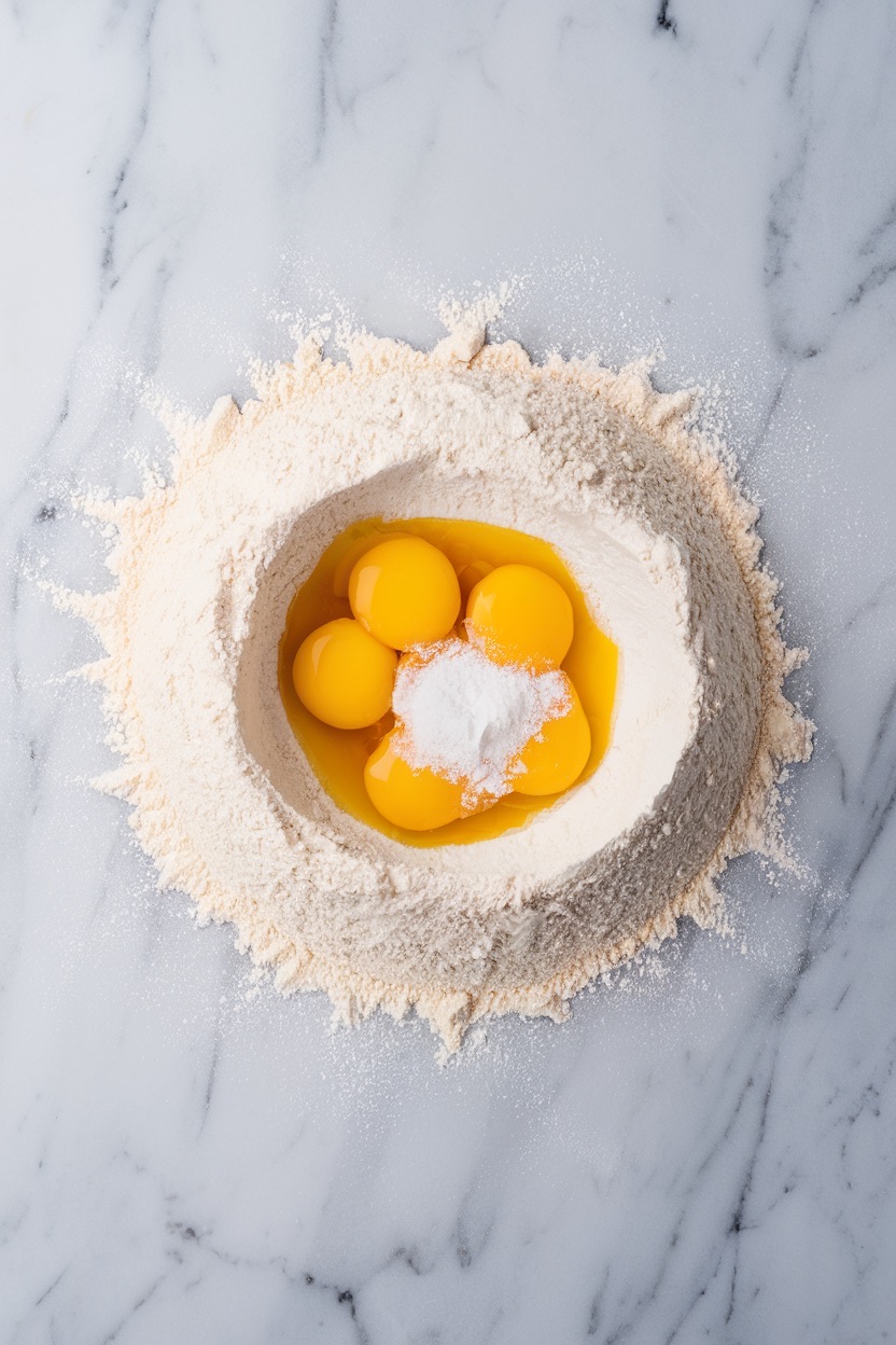 A mound of flour with egg yolks and sugar nestled in the center, prepared for making the dough. The well technique, commonly used in baking, emphasizes the traditional process of creating a soft, fluffy dough for cinnamon rolls.