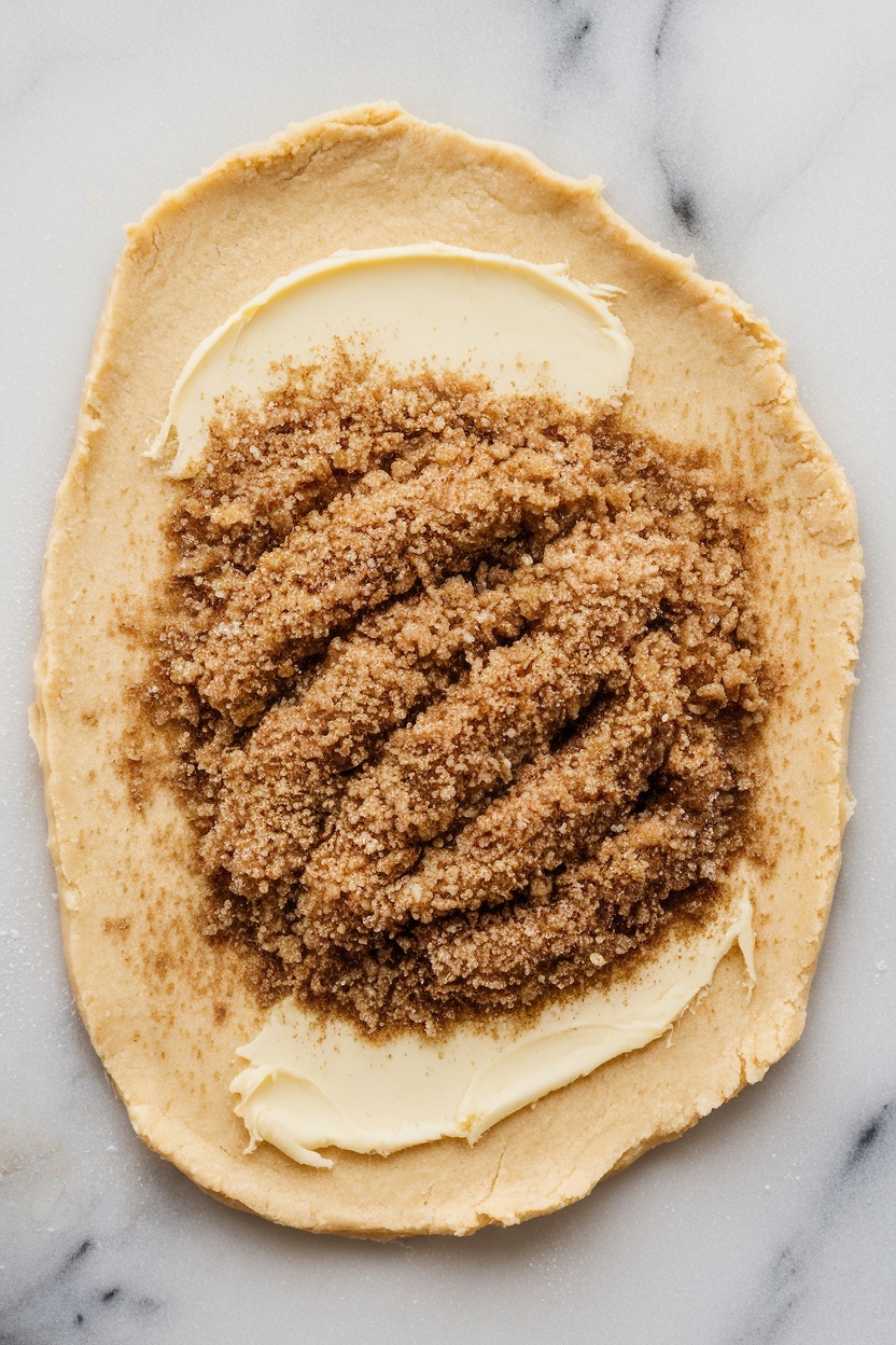 A rolled-out piece of dough spread with softened butter and generously topped with a cinnamon-sugar mixture, ready to be rolled and sliced into cinnamon rolls. The rich, spiced filling hints at the delicious, gooey interior of the final baked rolls.