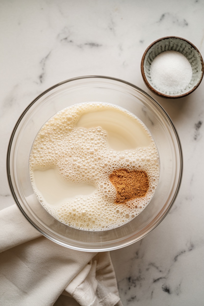 A glass bowl filled with frothy milk and yeast, with a sprinkle of cinnamon, ready for the dough-making process. This mixture helps ensure the cinnamon rolls will have a light, airy texture and a touch of warm spice.