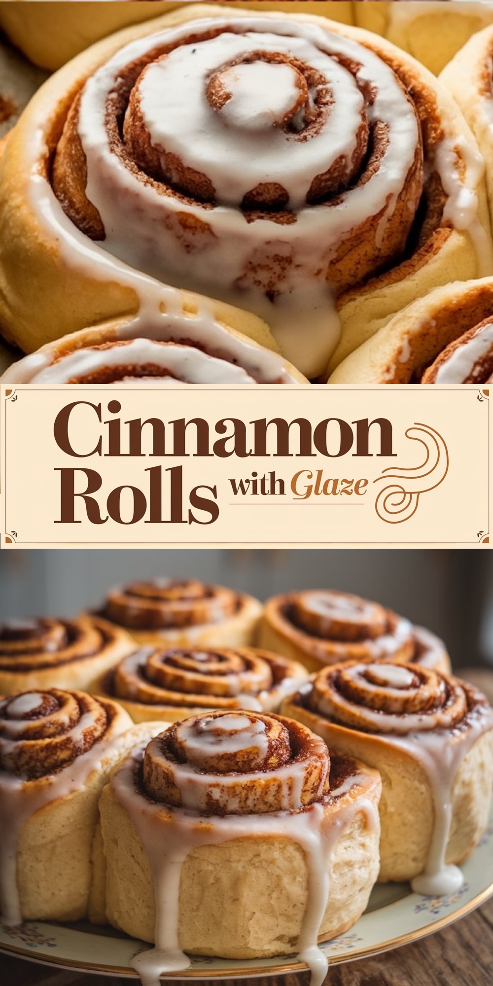 A mouthwatering collection of cinnamon rolls with a glossy glaze, showcased with text reading "Cinnamon Rolls with Glaze." The image highlights the delicate spirals of the dough, topped with a smooth layer of icing, perfect for those looking for a cozy homemade treat.