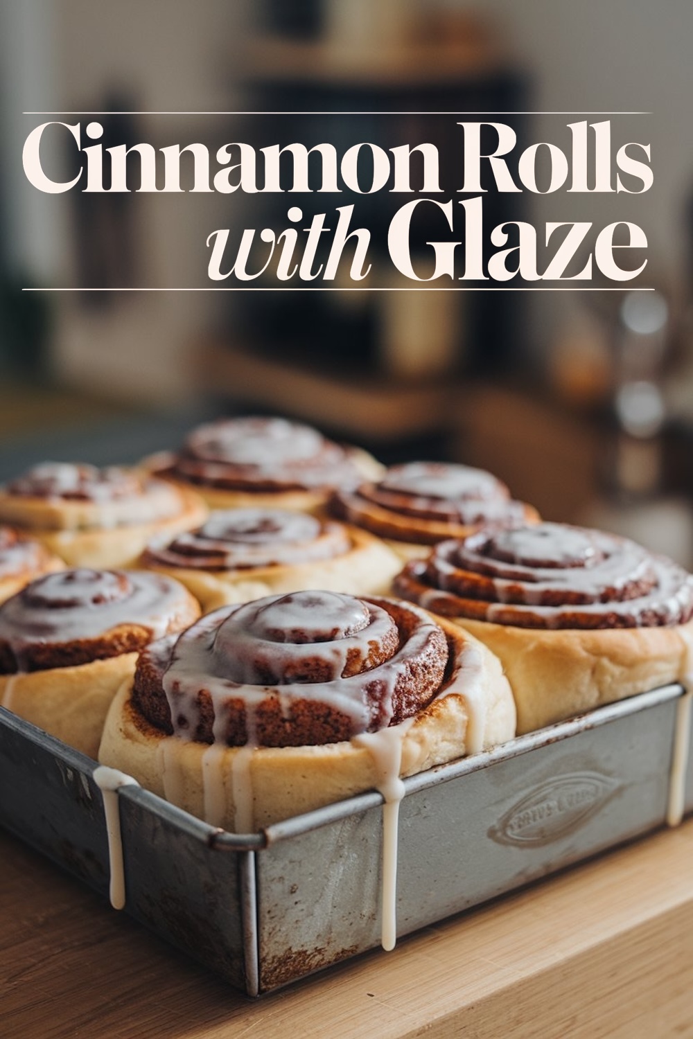 A pan of warm cinnamon rolls topped with a thick vanilla glaze. The text "Cinnamon Rolls with Glaze" sits above the image, drawing attention to the soft, doughy rolls swirled with cinnamon and generously coated with icing. Ideal for baking inspiration.