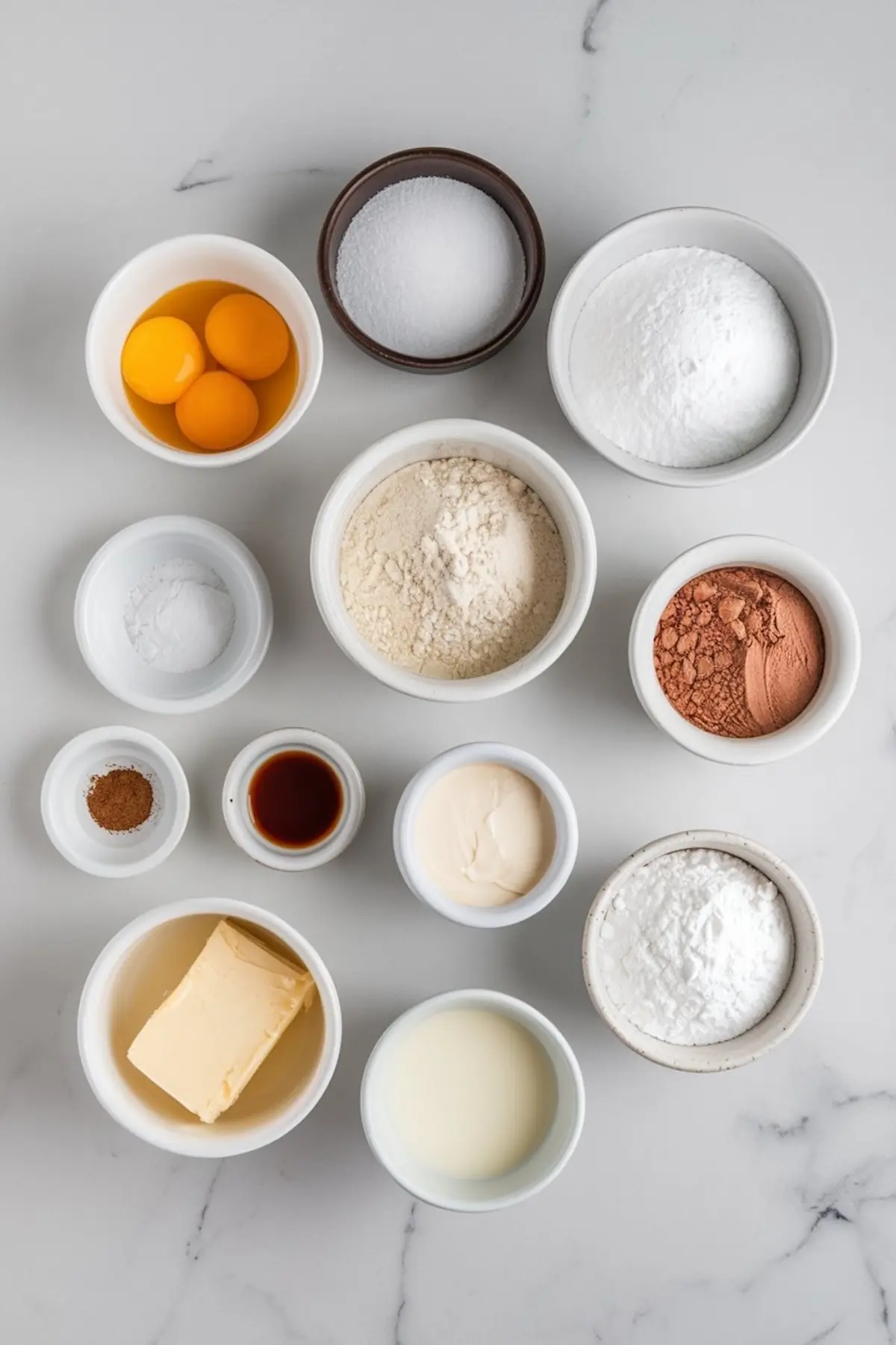 Flat lay of individual ingredients for a Yule log cake including egg yolks, flour, cocoa powder, sugar, vanilla, butter, cream, and baking powder, styled on a white surface for Christmas dessert prep.